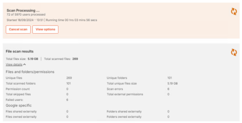 CloudM environment scan - a screengrab showing files and emails being scanned and processed ahead of a data migration