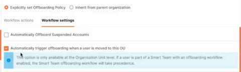 The user interface of CloudM Automate is shown. A new option, available as a tick box, highlights a new offboarding trigger is available when a user is moved organisational units.