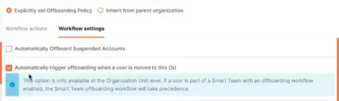 The user interface of CloudM Automate is shown. A new option, available as a tick box, highlights a new offboarding trigger is available when a user is moved organisational units.